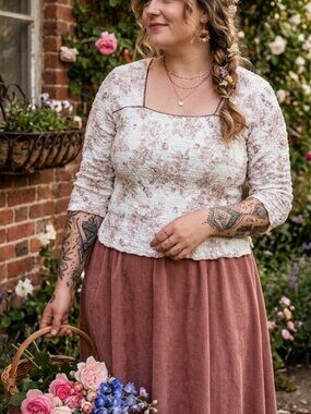 Creative Design Works XL Brown Floral Toile Crinkle Texture Square Neck Blouse U
